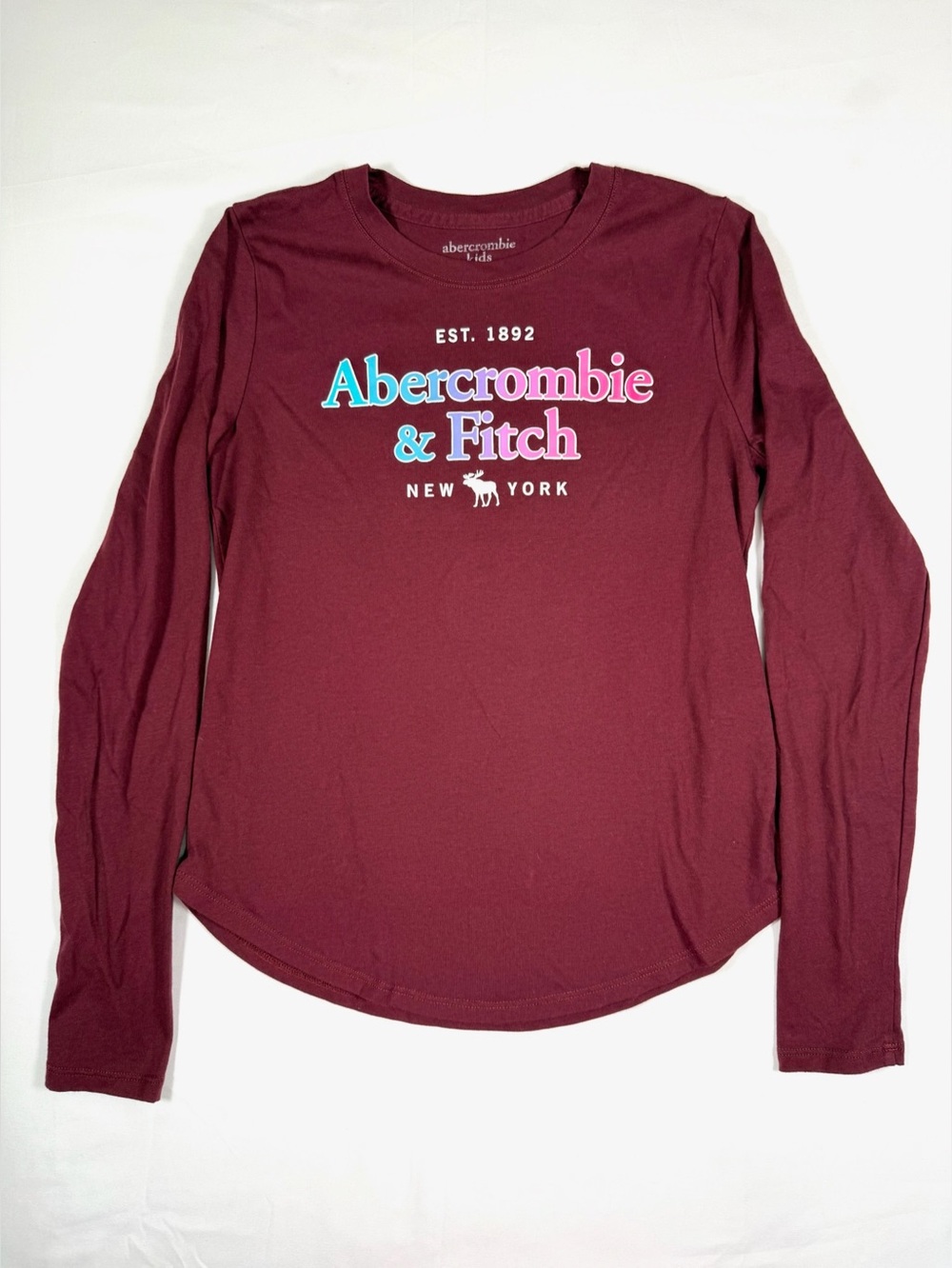 ABERCROMBIE & FITCH Girls Burgundy‎ Logo Long Sleeve Graphic T-Shirt Size 11/12